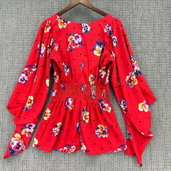 Wayward Fancies eShakti Blouse Womens S Red Floral V-Neck Bell Sleeve Lined - Picture 2 of 14